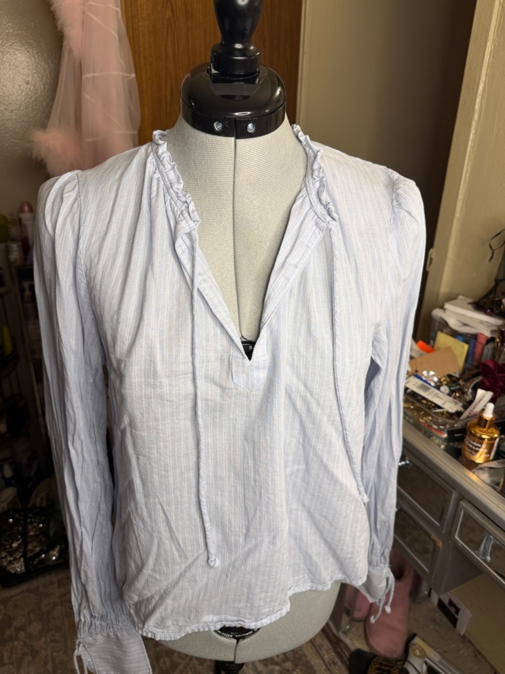 Divided Light Blue Striped Long-Sleeve Tie-Neck Blouse